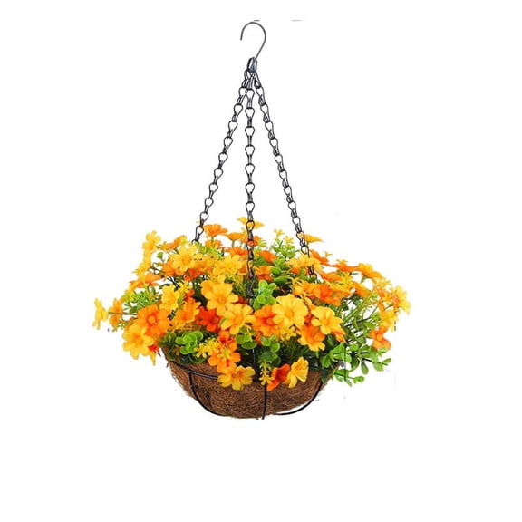 Fall Hanging Baskets For Outside, Realistic Faux Orange Flowers Greenery Plants, Artificial Outdoor Hanging Planter With UV Resistant Floral Arrangement For Porch Patio Garden Autumn Harvest Decor