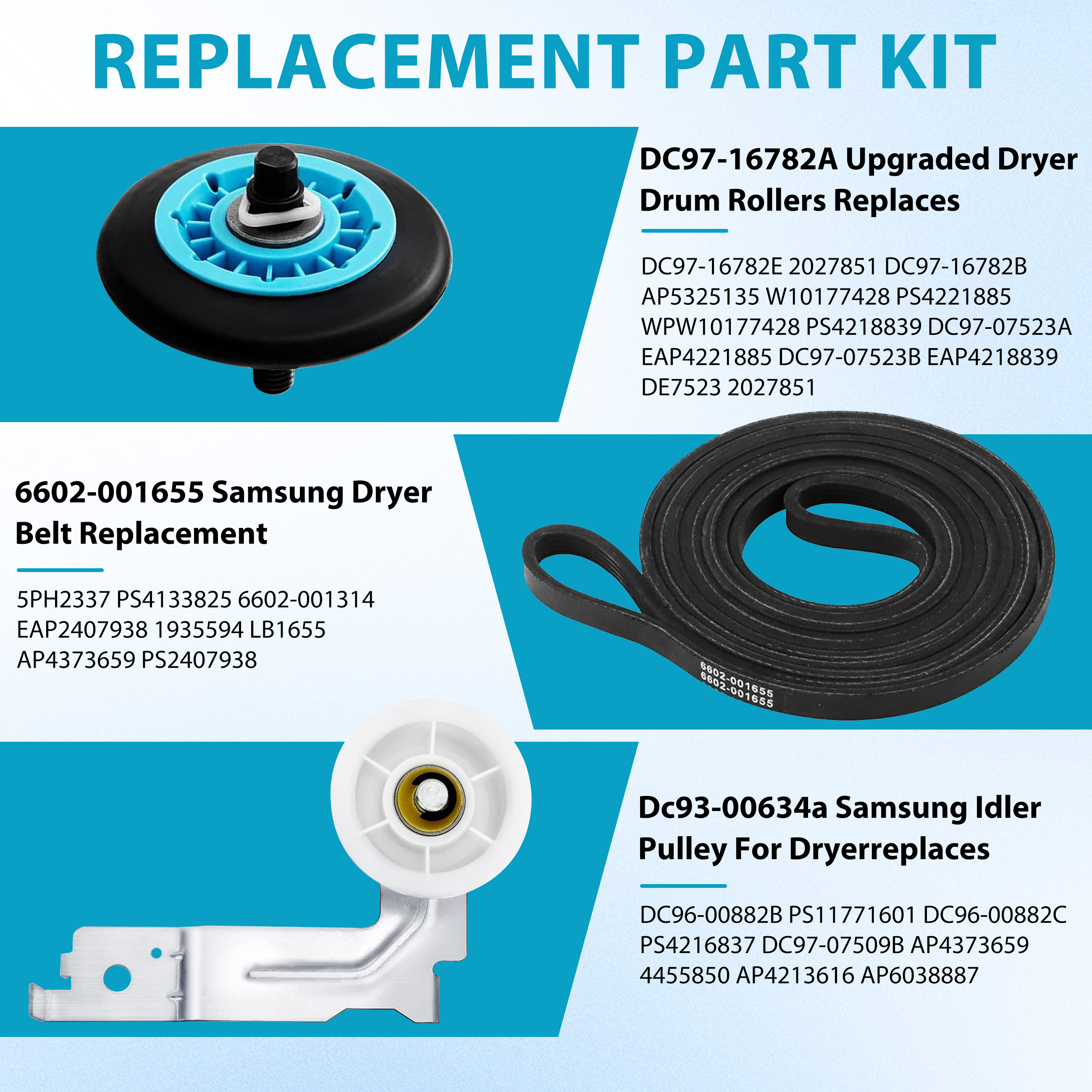 Beaquicy Upgraded Drum Roller Bearing Dryer Repair Kit DC97-16782A 6602-00165 Belt DC93-00634A Idler Pulley
