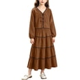 thumbnail image 2 of qelini Girls 2 Piece Set 8-15Years V Neck Long Sleeve Top with Bow and Pleated Skirt Elegant Outfit Solid Color 2 Piece Outfit Everyday Wear, 2 of 8