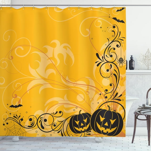 Ambesonne Orange Shower Curtain, Pumpkins Bats Halloween, 69"Wx75"L, Orange and Black