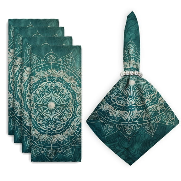 Bahomeck Cloth Napkins Set Of 4,18*18 Inch Washable Polyester Napkins Dining Table Napkins Weddings Party Dinner Parties(White Mandala On Dark Teal Background)