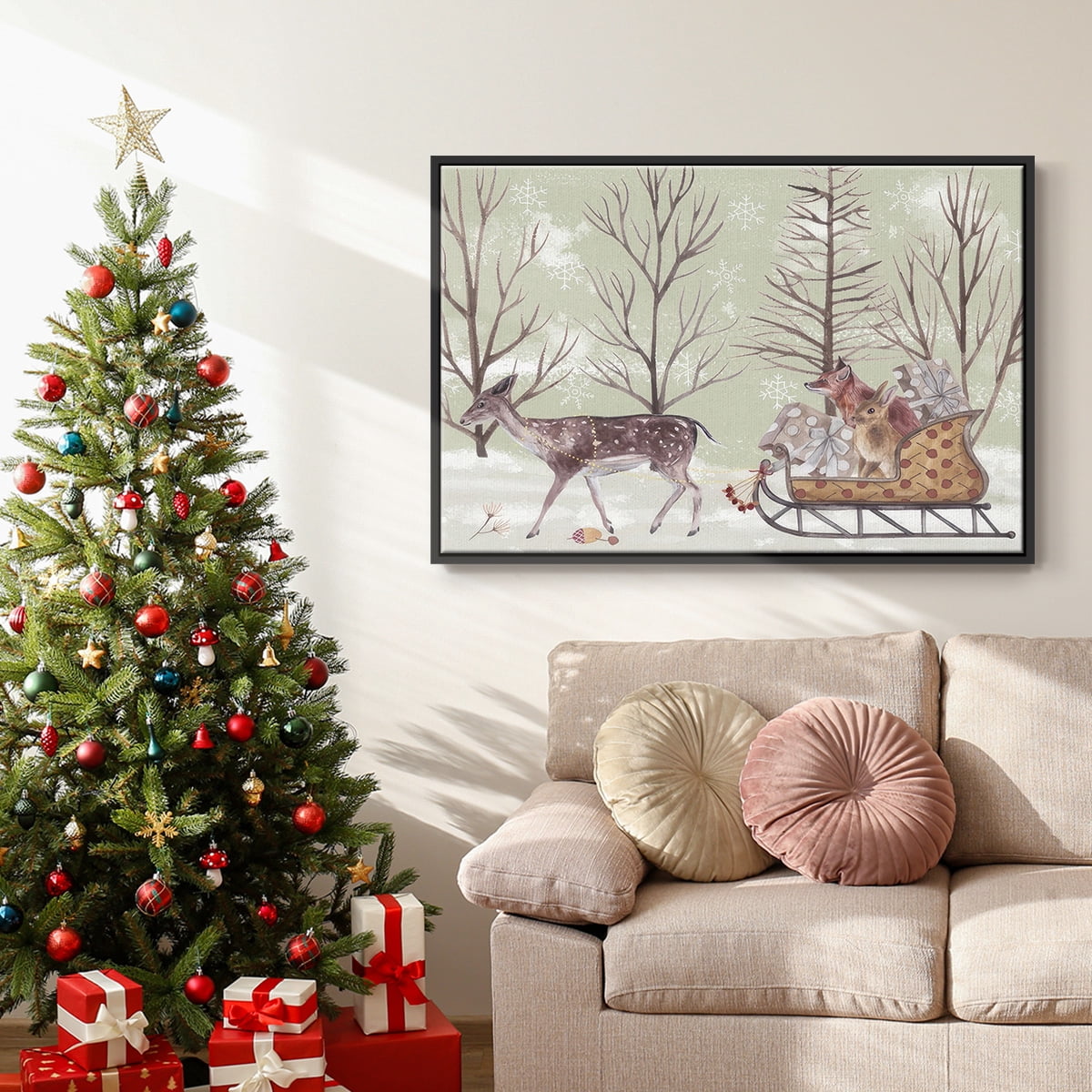 Christmas Time II - Framed Gallery Wrapped Holiday Canvas - 17 x 25 - Black Frame