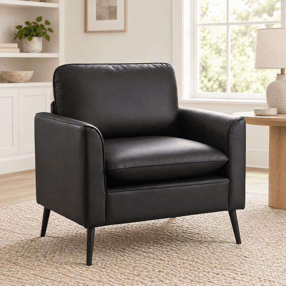LAZZO Faux Leather Accent Chair, Mid-Century Modern Upholstered Armchair with Curved Armrests for Living Room and Office, Black