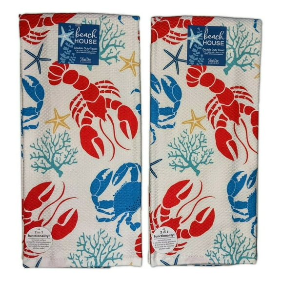 Set of 2 Beach House LOBSTER & CRAB Terry Kitchen Towels by Kay Dee Designs