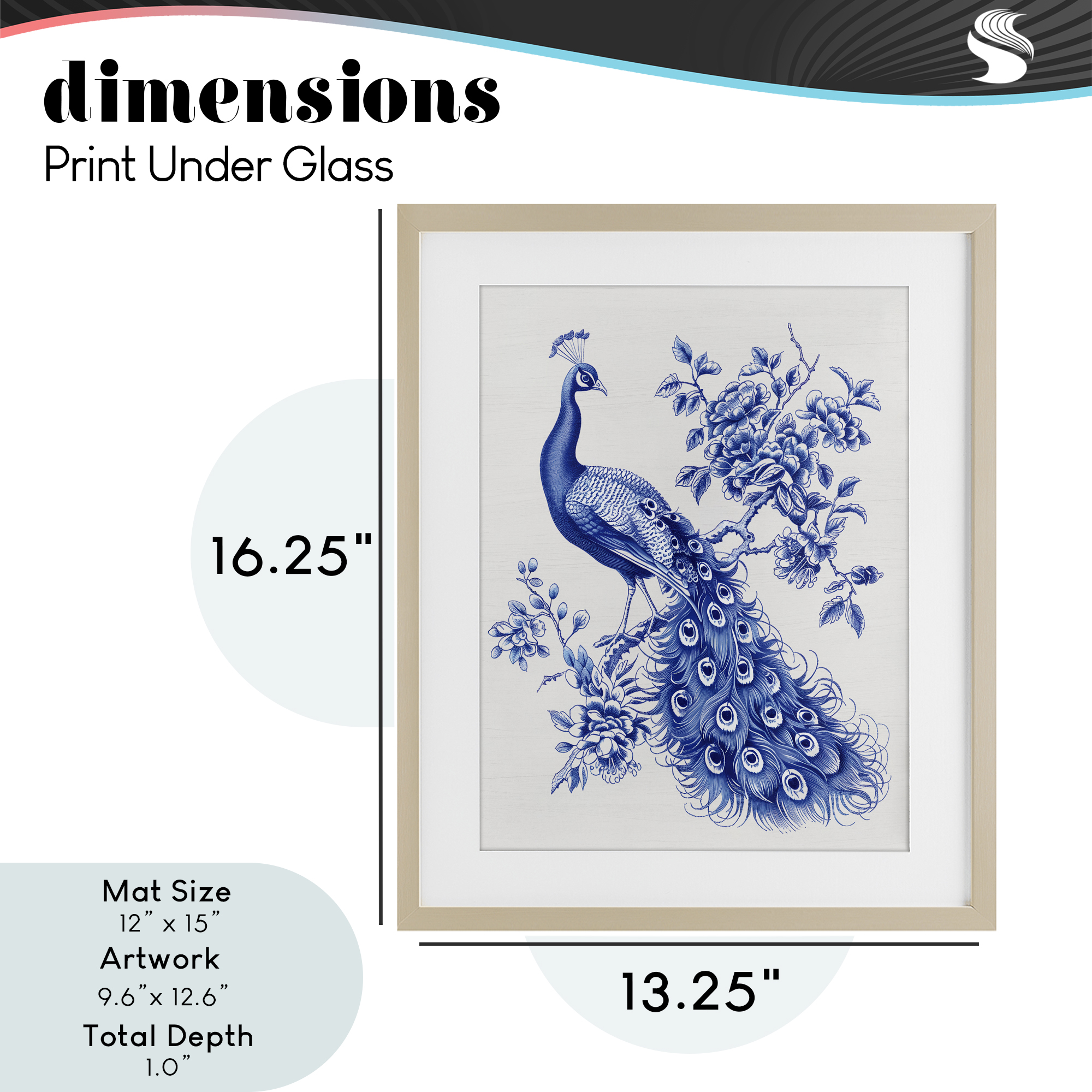 Vintage Peacock in Toile Style Birch Framed Print Under Glass, design by Lettered and Lined