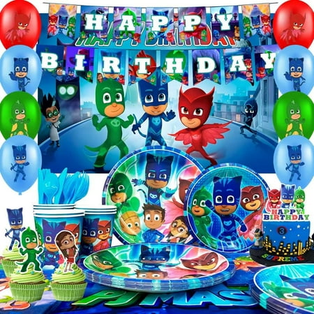 PJ Masks Birthday Decorations,PJ Masks Party Decorations & PJ Masks Tableware set- PJ Masks Birthday Plates Napkins & PJ Masks Balloons Banners Cake Toppers etc PJ Masks Birthday Party Supplies
