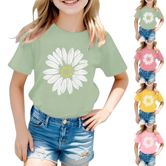 FASHOFT Baby Girl Shirts Fashion Sunflower Floral Printed Crew Neck Short Sleeve Soft Sweet Kids Daily Casual Tops Baby Girl Summer Tops Green 1-2 Years