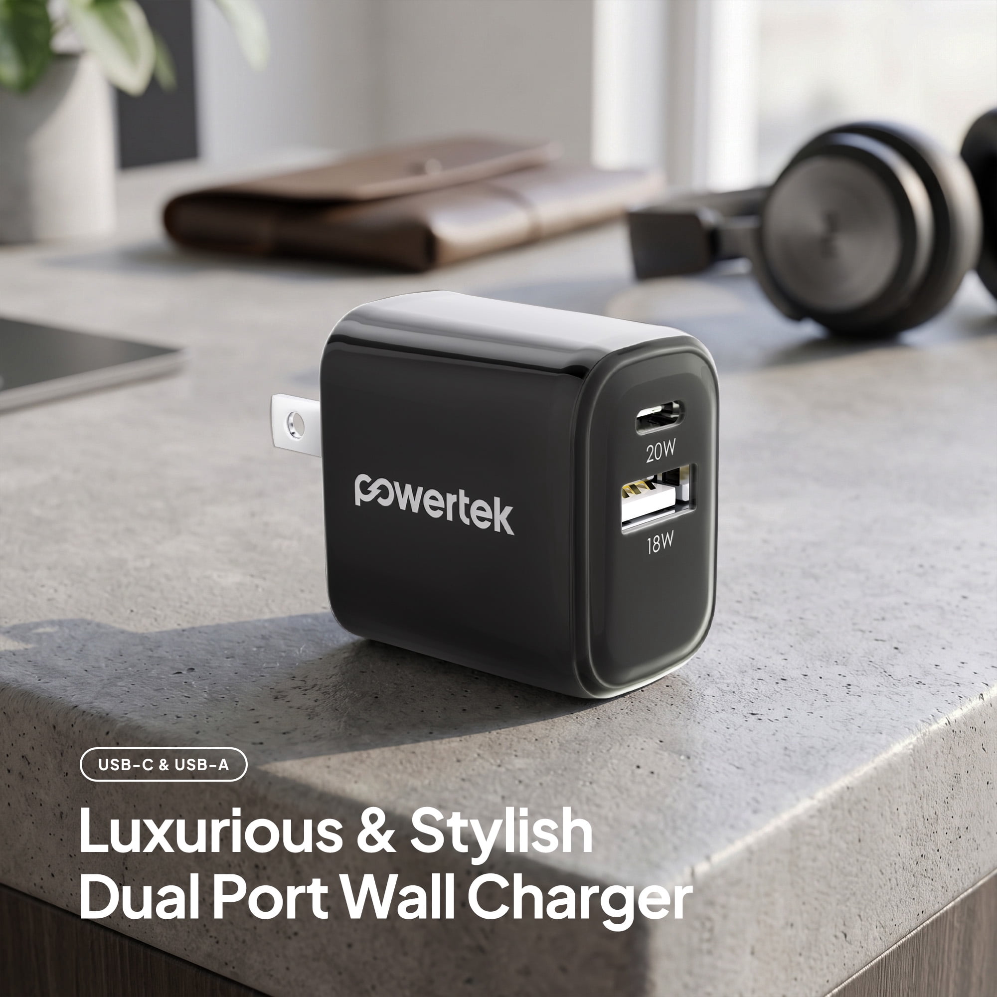 Powertek Luxe 20W USB-C + 18W USB-A Fast Charging Dual Port Block, Gray, Compatible with iPhone, Android, Tablets & USB Devices, Compact Travel Adapter