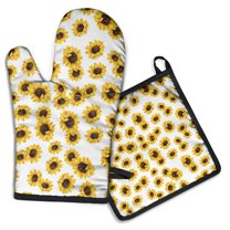 White Sunflower Kitchen Oven Mitt and Pot Holder Sets 2 Pcs for Baking, Cooking and Grilling, Heat Resistant Up To 392 °F