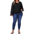 thumbnail image 2 of Blusa de mujer de talla grande GRACE & GRANDEUR con encaje floral, doble capa, escote en V, manga larga, elegante y casual, talla 1X, color negro, 2 of 6