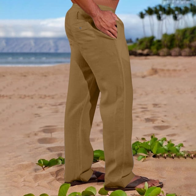 Pantalones de lino y algodón con cintura elástica para hombre, informales, lisos, con bolsillos
