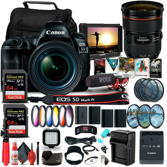 Canon EOS 5D Mark IV DSLR Camera with 24-70mm F4L Lens 1483C018 Canon EF 24-70mm F2.8L II USM Lens 5175B002 4K Monitor Pro Mic 2 x 64GB Memory Card Color Filter Kit International Model
