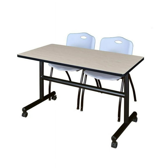 48" x 30" Flip Top Mobile Training Table- Maple and 2 "M" Stack Chairs- Grey