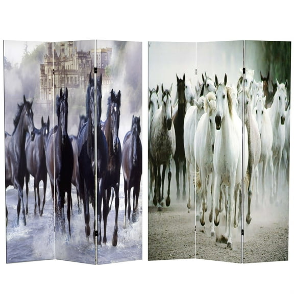 Oriental Furniture 6 ft. Tall Double Sided Horses Canvas Room Divider - 3 Panel