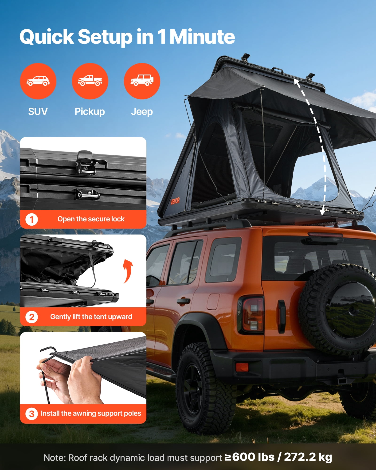 VEVOR Rooftop Tent Hard Shell, 2-3 Person Aluminum Roof Top Tent Hardshell with Tri-Color LED Light & Thick Mattress, Waterproof Windproof Overland Camping Car Roof Rack Suitable for Jeep SUV Pickup