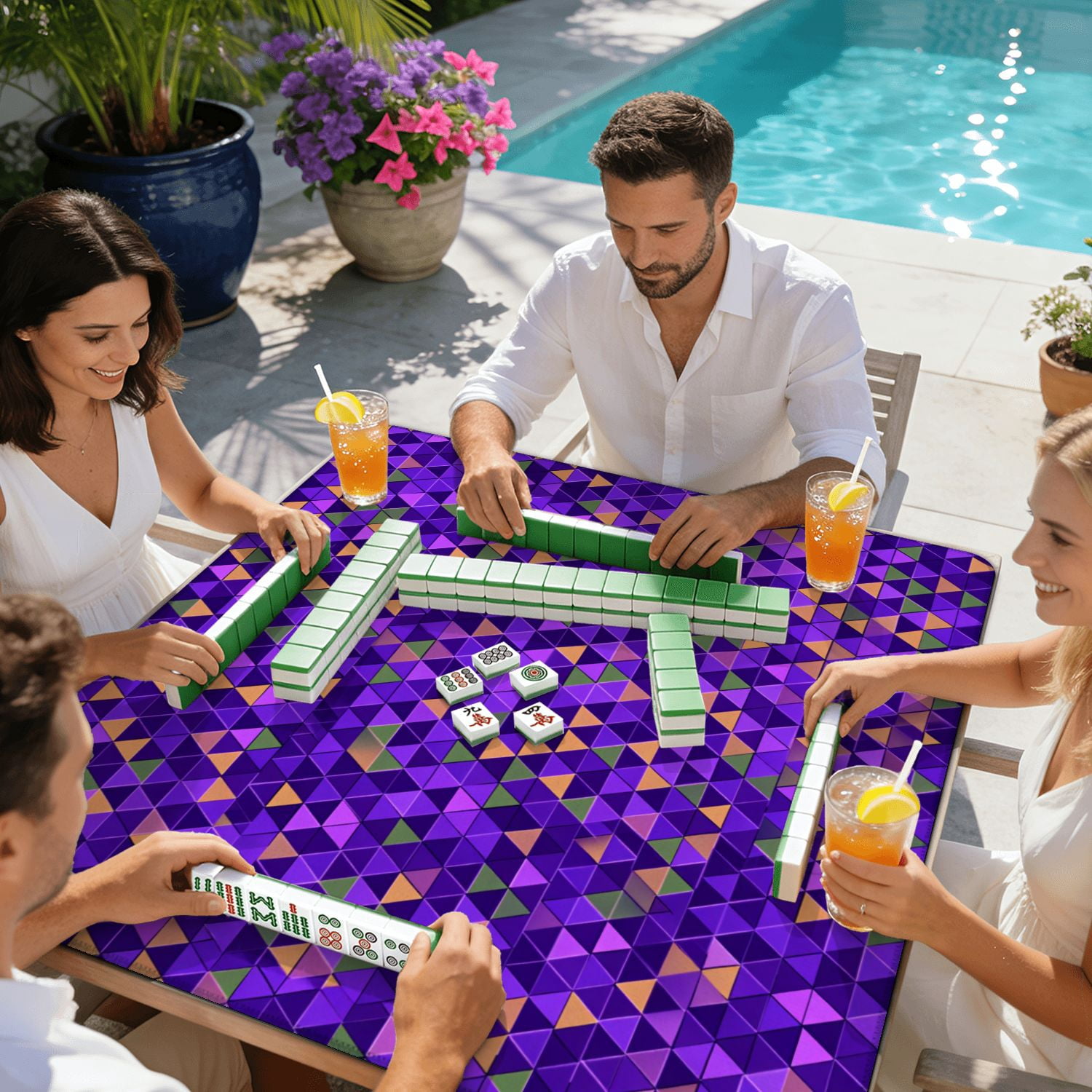 Mahjong Mat 31.5" x 31.5" Purple triangle seamless Non-Slip Noise Reduction American Mahjong Tiles Table Cover for Dominoes Poker Card Board Games Gift