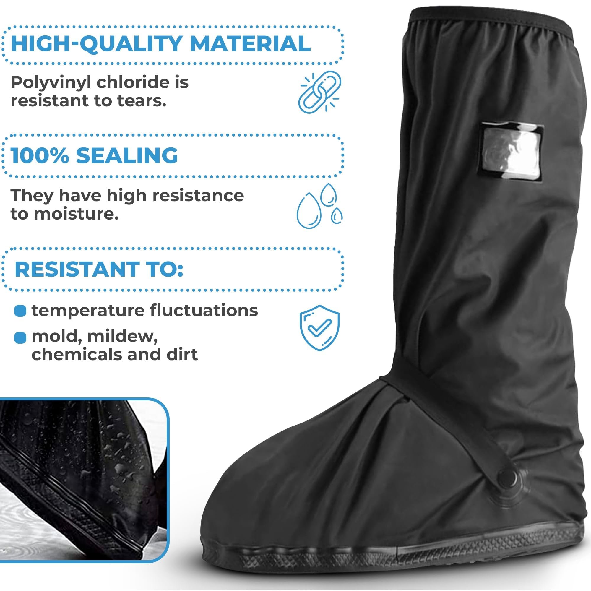 EZGOODZ Waterproof Shoe Covers Reusable - Black PVC Non-Slip Rain Protection XX-Large (Pack Of 4)