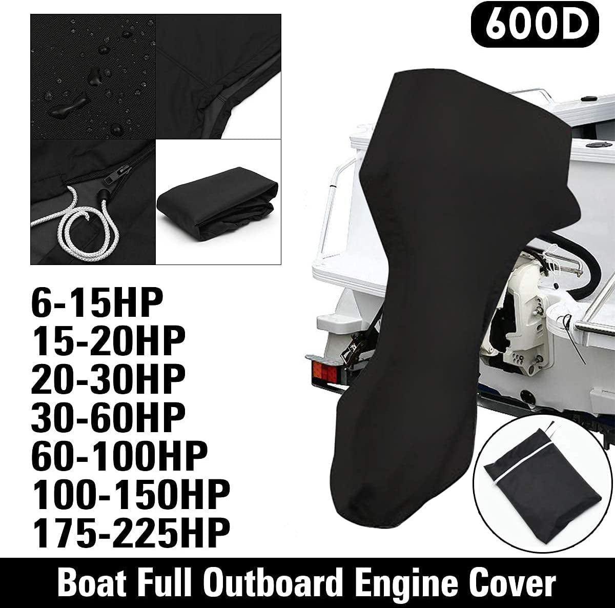 Speedboat Full Outboard Engine Motor Cover Body Fit Up to 6-225HP 600D Black UK Boat Full Outboard Speedboat Engine Cover 