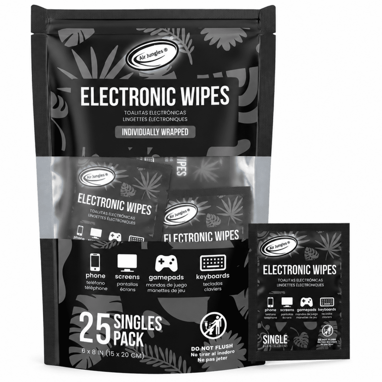Air Jungles Electronic wipes 6in x 8in, singles, 25pcs/bag