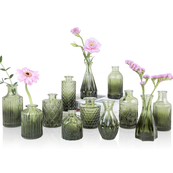 Set de 12 jarrones de cristal UPBUD, color verde, para decoración de bodas