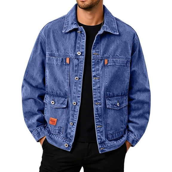 LYSMORA 2026 Men's Lapel Washed Denim Utility Trucker Jacket, Multi Button Patch Pockets Oversized Loose Fit Casual Outer Shacket