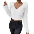 thumbnail image 2 of Sexlip Women's Fuzzy Fluffy Long Sleeve V Neck Crop Sweater Casual Plain Slim Fit Warm Knitwear Sweater Tops White S, 2 of 9