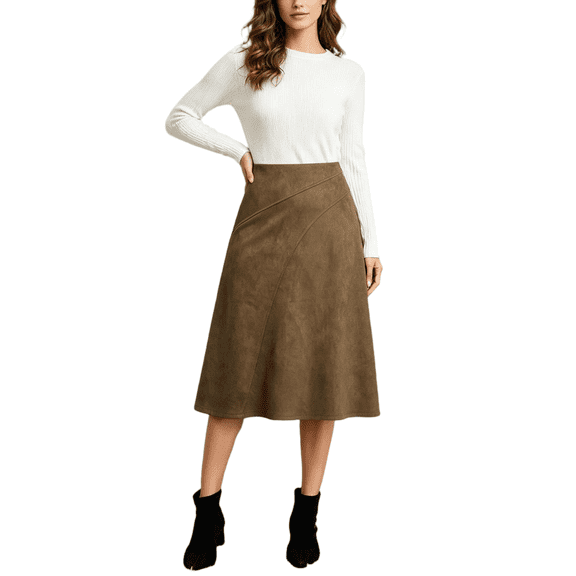 CBASIHI Womens Suede Midi Skirts- Retro Casual High Elastic Waist Hidden Zipper Fall Winter Skirts Brown Size S-XL