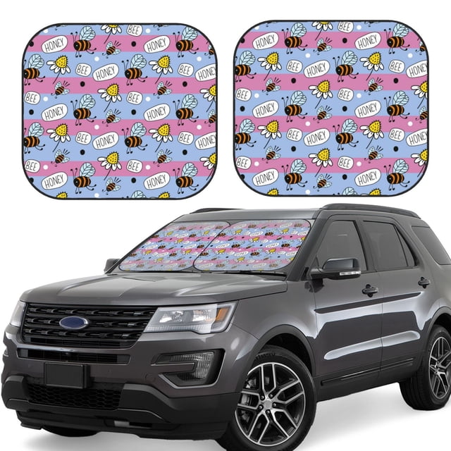 Vsdgher Bees And Daisies Striped Print Car Windshield Sun Shade, Reflective Sunshade Window Sunshade Sun Visor Protector Fit for Cars,Trucks,SUVs-Medium