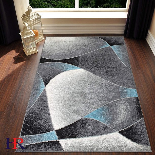 Blue/White/Black Faded,Distressed Area Rug Swirls Sync Pattern Area