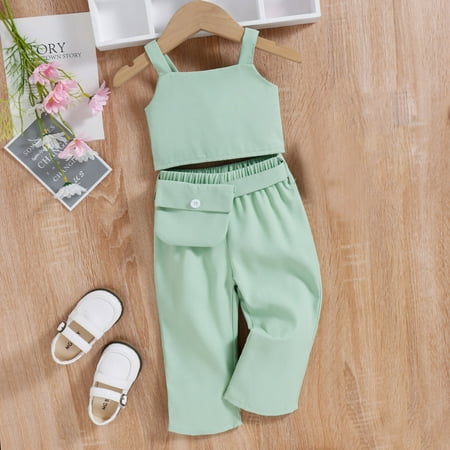 

Hunpta Kids Toddler Girls Clothes Casual Sleeveless Strap Soild Top Pants Waist Bag 3pcs Outfits Set