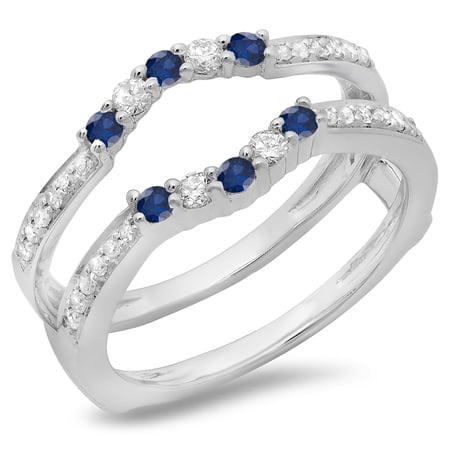 Dazzlingrock Collection 14K Blue Sapphire & White Diamond Wedding Band 5 Stone Enhancer Guard Double Ring, White Gold, Size 9.5