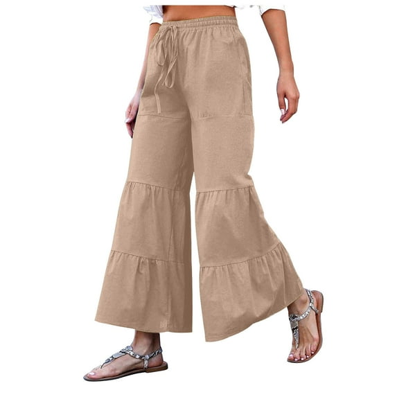 asdoklhq Womens Plus Capris,Women Casual Solid Pants Comfortable Elastic High Waist Wide Leg Casual Loose Beach Pants