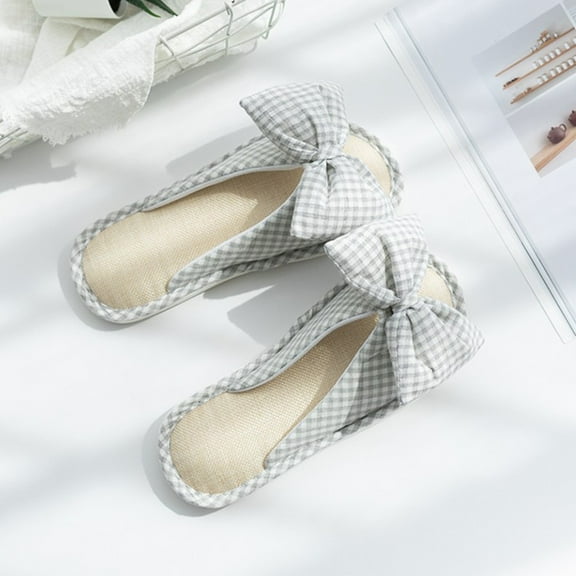 MUSEYA 1Pair Grey Indoor Slippers Peep Toe Breathable Cotton Linen Bow Knot Non Slip