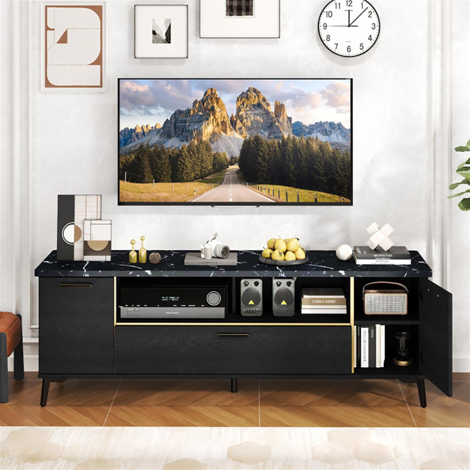 Demi Bonn TV Stand for 75" TVs, Entertainment Center with Flip Door Cabinet, Modern Media TV Console Table for Living Room Bedroom, Black