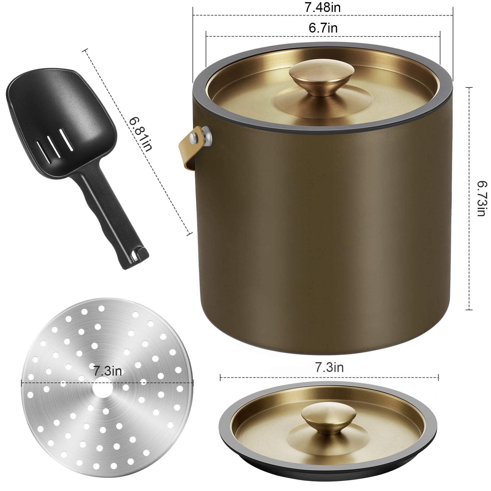 3.2L Ice Bucket with Silicone Lid, Scoop, Strainer, Double Wall Stainless Steel Ice Bucket for Parties & Cocktail Bar,Ideal for Gift