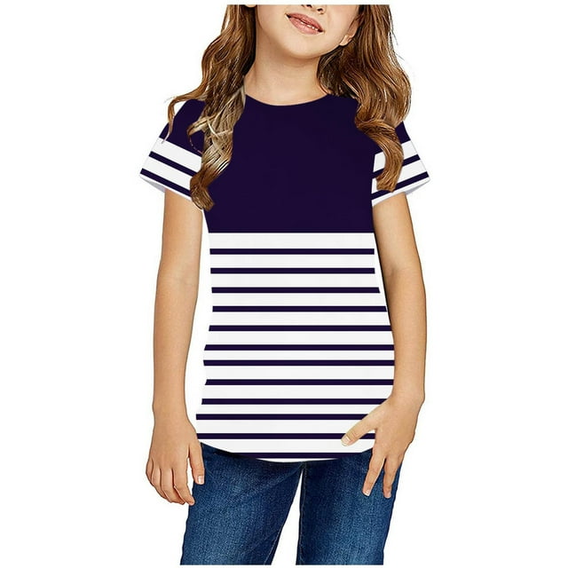 Zwiiyzr T-Shirt Rayé 2025 pour Enfants Col Rond Manches Courtes pour Garçons Filles Violet-3-4 Ans