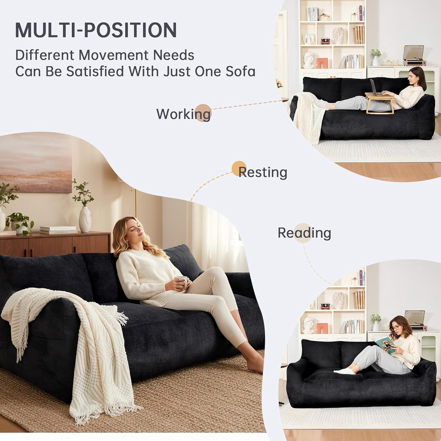 LinkRomat Faux Fur Loveseat, Oversized 2-Seater Sofa with High-Density Foam, for Living Room & Bedroom, No Assembly Required, Black
