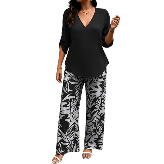 Textilo Women's 2 Piece Outfit 3/4 Sleeve V Neck Top and Wide Leg Floral Pants 2026 Boho Casual Summer Travel Vacation Trendy Outfits,Black S