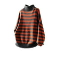 thumbnail image 4 of PiGOGI Women's Striped Half Turtleneck Sweater Orange White Knit Pullover Loose Fit Casual Long Sleeve Fall Winter Top Blue S, 4 of 5