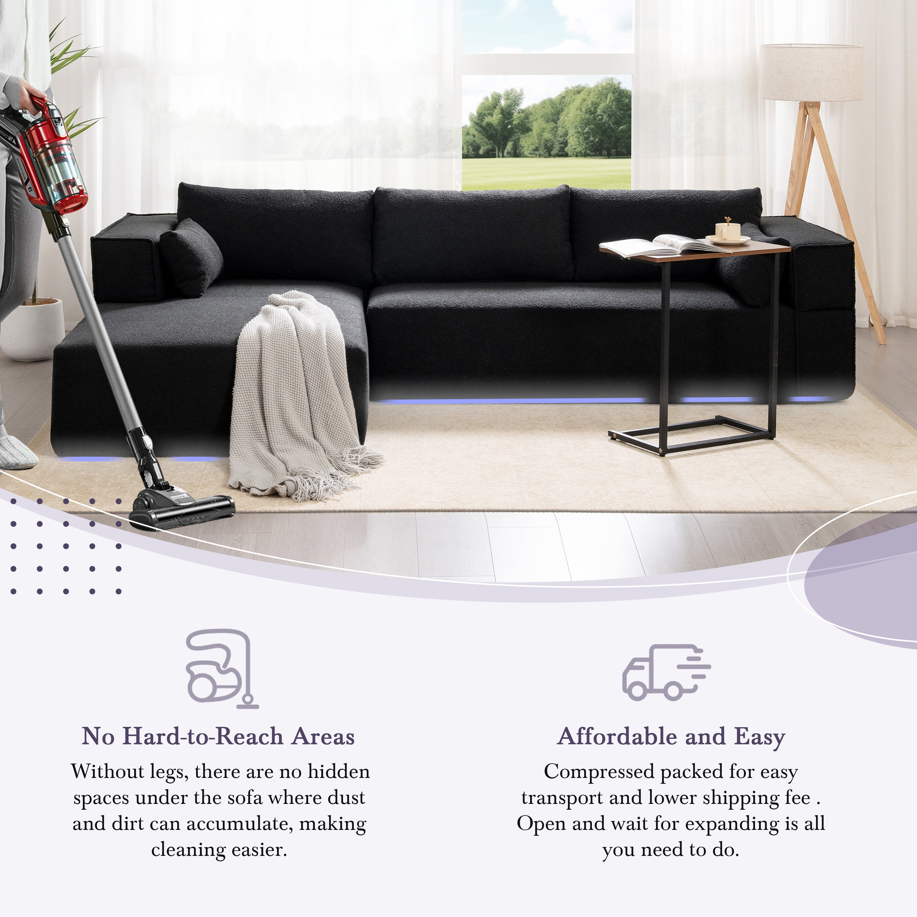 Sectional Sofa, Modular Couch, L-Shaped Fully Compressed with Free Side Table and 2 Pillows, No Assembly Required, Wrinkle-Resistant Boucle Fabric for Living Room, 112 Inch, Black