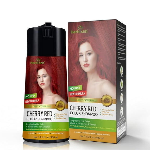 Herbishh Cherry Red PPD-Free Hair Color Shampoo for Gray Hair, Hair Dye Shampoo 3 in 1, 100% Gray Coverage, Permanent Hair Color for Men & Women, Ammonia-free, 400 ml