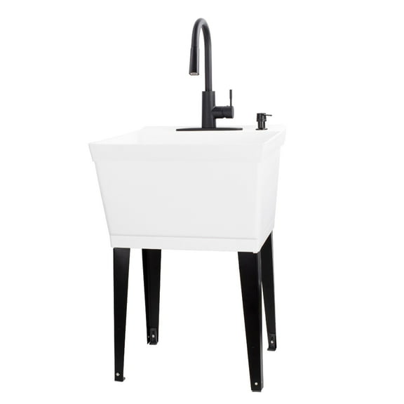 TEHILA White Freestanding Floor Mount Utility Sink with Black High-Arc Faucet for Laundry Room