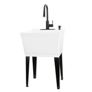 TEHILA White Freestanding Floor Mount Utility Sink with Black High-Arc Faucet for Laundry Room
