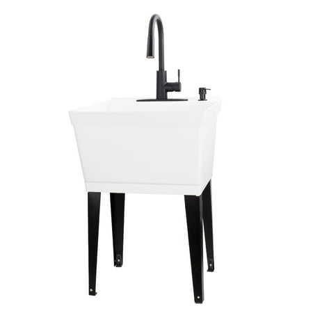 TEHILA White Freestanding Floor Mount Utility Sink with Black High-Arc Faucet for Laundry Room