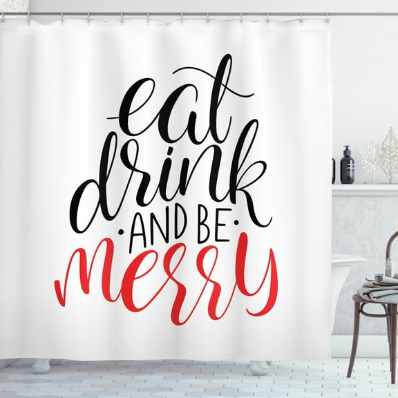 Ambesonne Eat Drink and Be Merry Shower Curtain, Modern Noel, 69"Wx75"L, Black White Coral