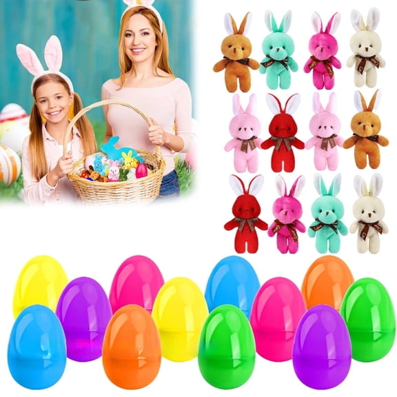 Goowood Prefilled Easter Eggs with Toys 12 Pack Plastic Easter Eggs Filled with Stuffed Bunny for Kids Easter Basket Stuffers Egg Hunt