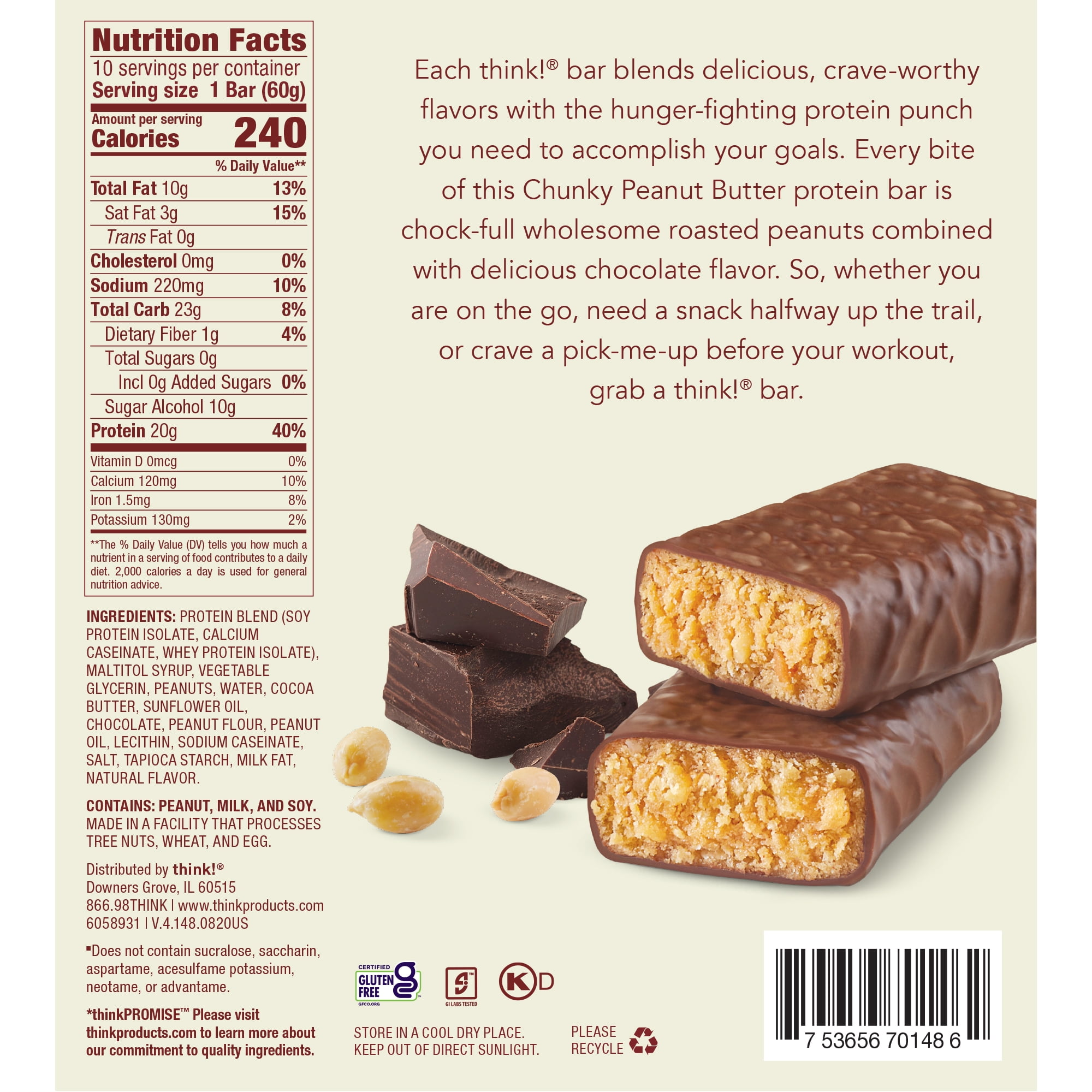 think! High Protein Bars, Chunky Peanut Butter, 20g Protein, 10 Ct