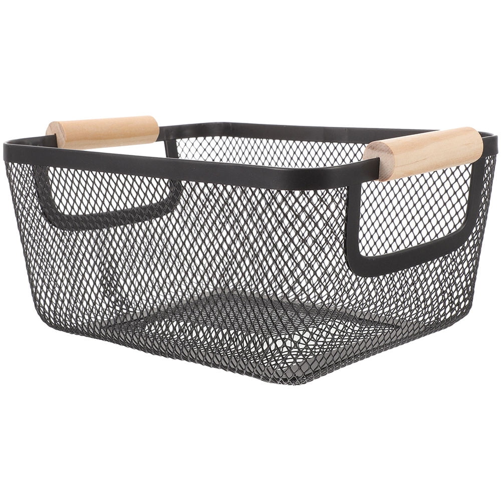 WHAMVOX Black Wrought Iron Wire Storage Basket with Wooden Handles for Organizing and Storage 12 x 8 x 6.5 Inches