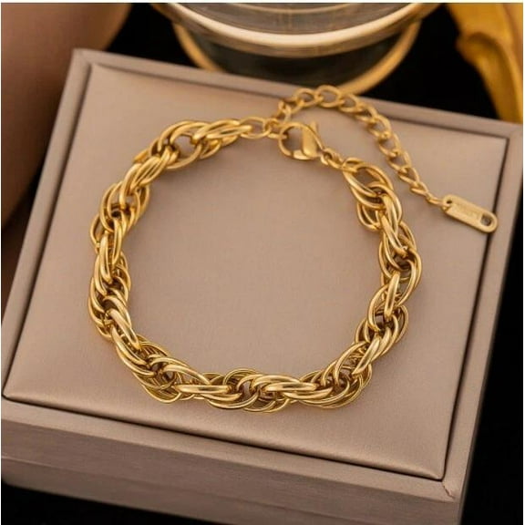 Stainless Steel Rope Chain Bracelet 14K Gold Plated Adjustable Size T21