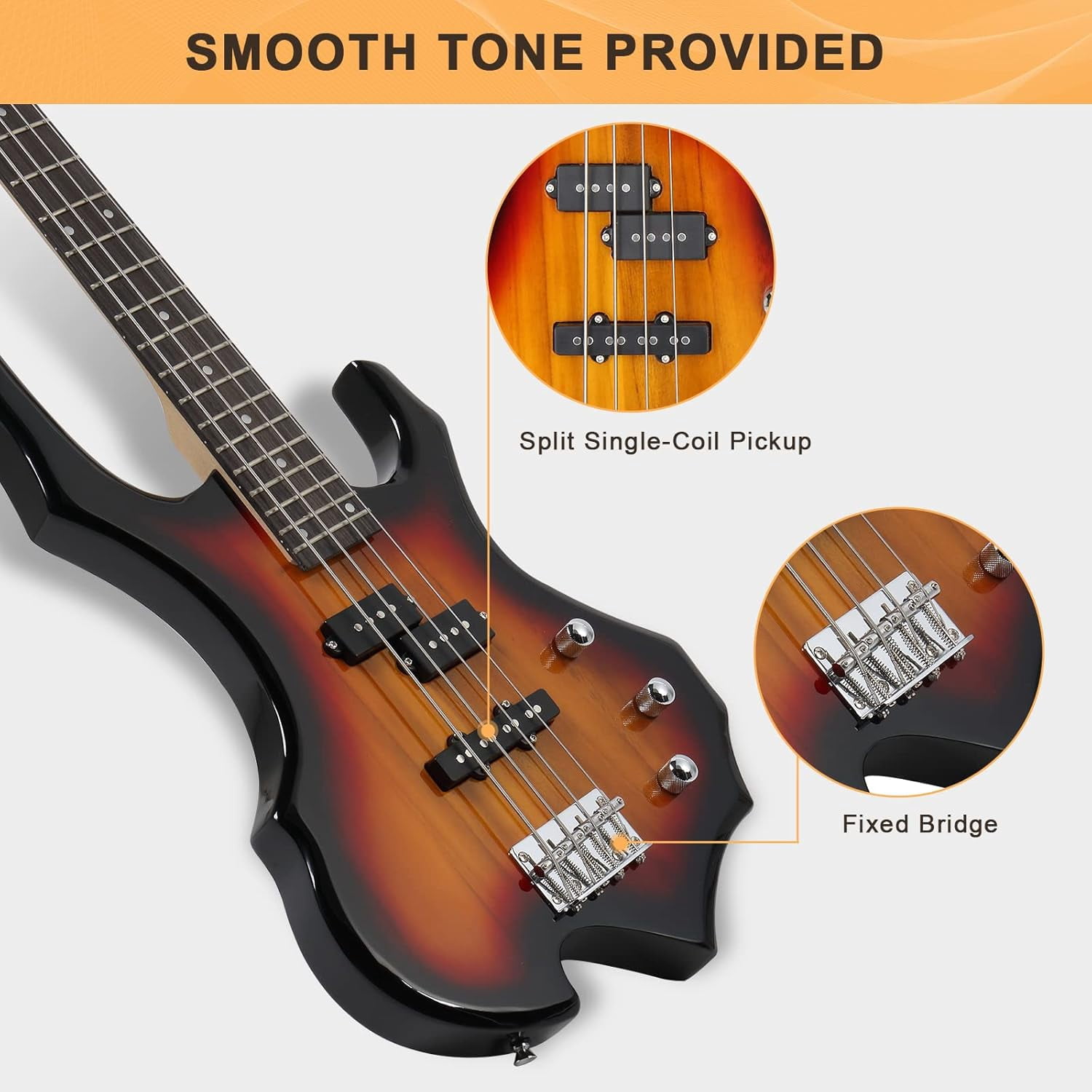 GLARRY Electric Bass Guitar 4 Strings Buring Fire Style Single Coil - Split Single Coil Pickups for Beginner Adults Right Hand w/ 20W Amp, Bag, Strap and Cord (Black)